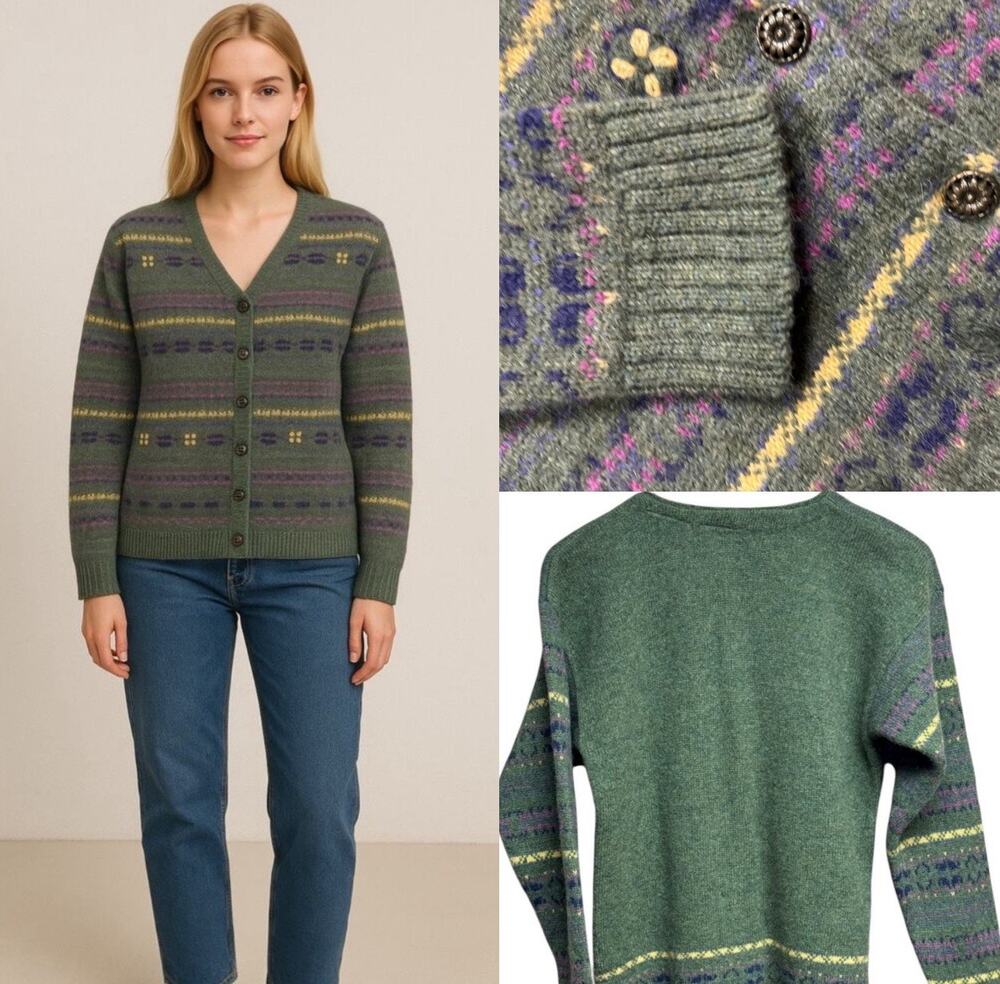 Vintage Northern Reflections Fair Isle Wool Cardigan Sweater Green Size Large